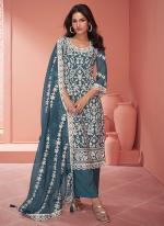 Organza Silk Aqua Blue Party Wear Embroidery Work Designer Salwar Suit